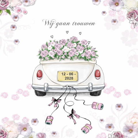 Trouwkaart met witte trouwauto en roze bloemen