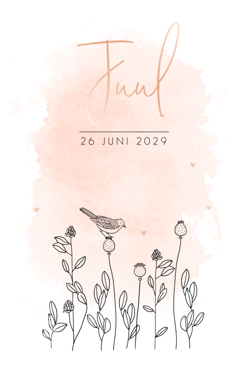 Geboortekaartje meisje met vogel pentekening foliedruk