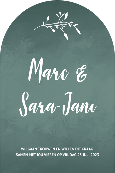 Trouwkaart boogvorm met groene achtergrond