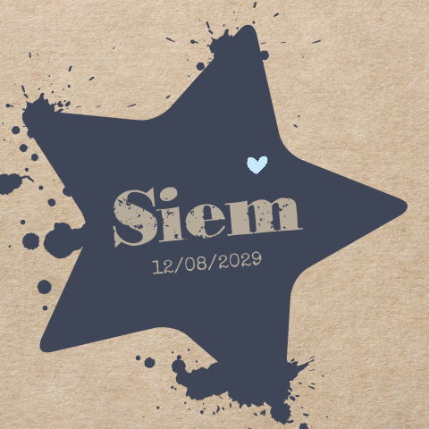 Stoere geboortekaart jongen met verf ster op bruin karton