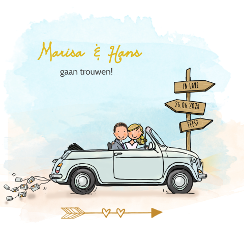 Trouwkaart met getekende Fiat 500 trouwauto met bruidspaar