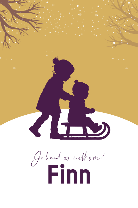 2e kindje geboortekaartje winter met silhouet jongen en zus met slee