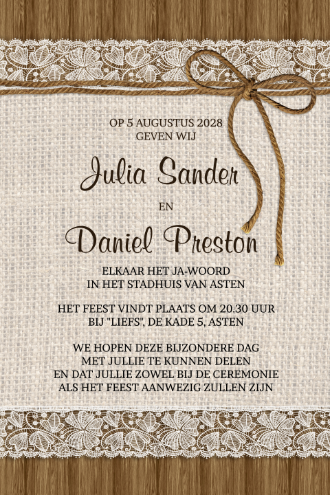 Stijlvolle, rustieke trouwkaart met jute, kant en een strikje