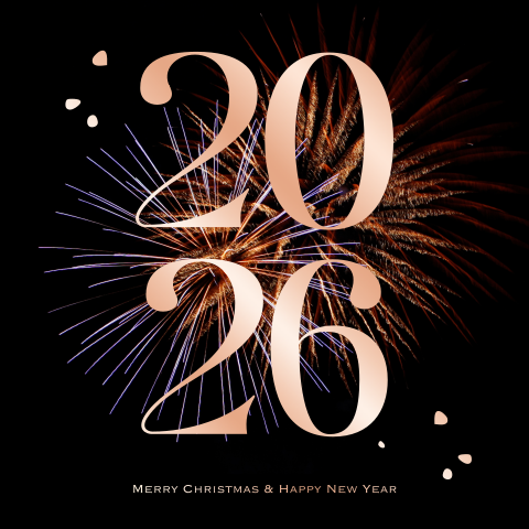 Nieuwjaarskaart zakelijk jaartal met vuurwerk en jaartal in folieprint