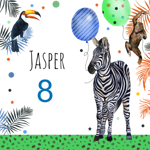 Vrolijke uitnodiging voor een kinderfeestje met een zebra en andere ju