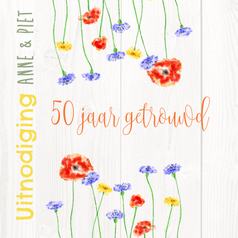Jubileumkaart 50 jaar getrouwd veldbloemen hout aquarel