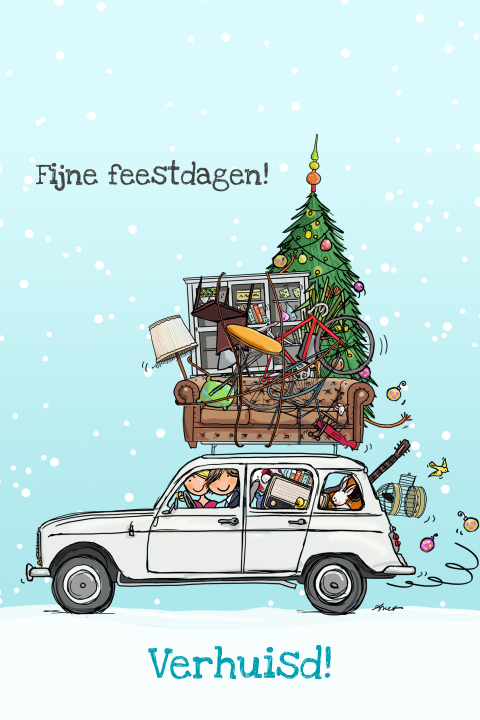 Trendy kerst verhuiskaart in kerstsfeer met renault vier