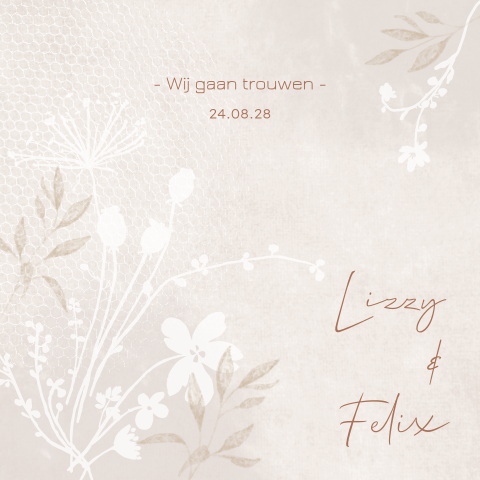 Mooie trouwkaart met bloemen illustraties en tule