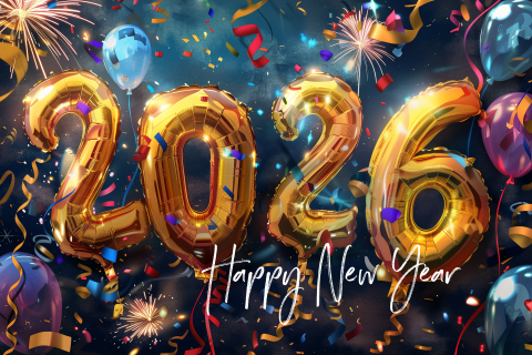 Nieuwjaarskaart jaartal 2026 ballonnen en vuurwerk