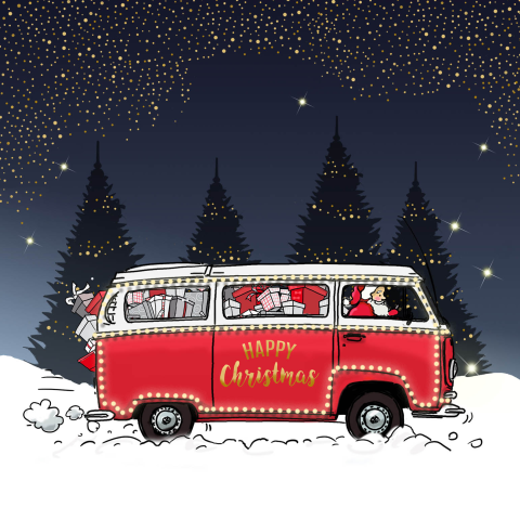 Mooi getekende kerstkaart met volkswagen en kerstman