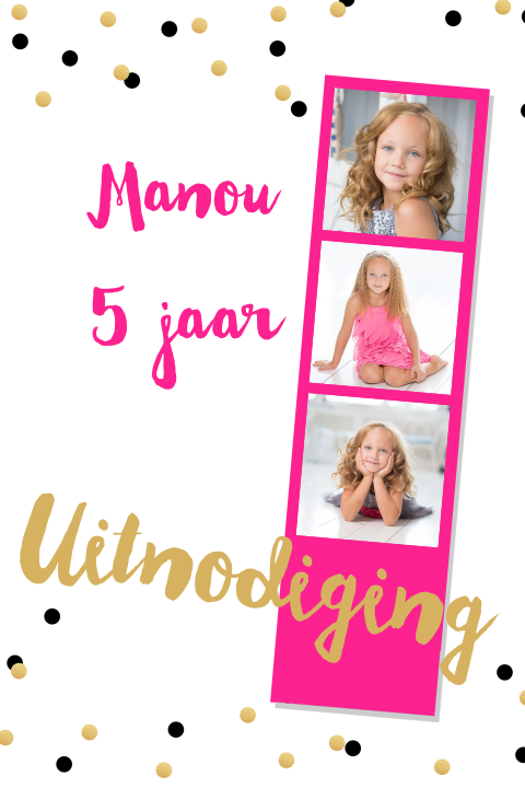 Uitnodiging kinderfeestje fotostrip confetti meisje