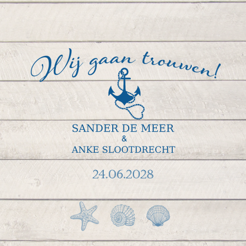 Maritieme trouwkaart met anker boot en hout strandthema