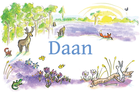 Getekend geboortekaartje jongen natuur, heide met dieren