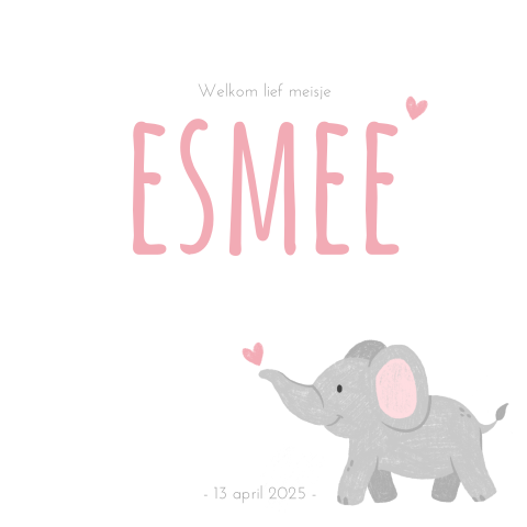 Zacht roze geboortekaartje meisje met olifantje