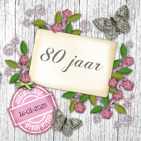 Verjaardagskaart 80 jaar met roze bloemen vlinders en label
