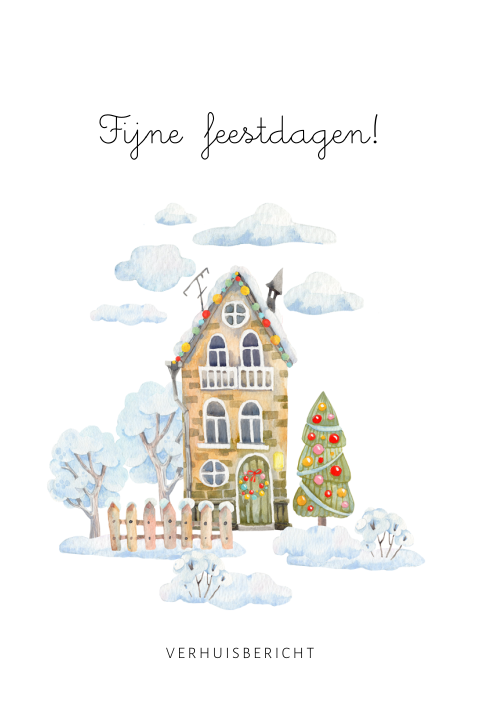 Kerst verhuiskaart met huisje en sneeuw