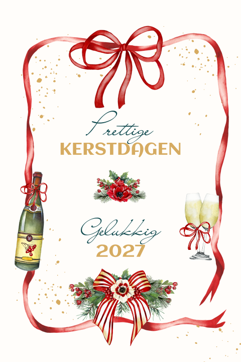 Kerstkaart prettige kerstdagen met rode strik en lint