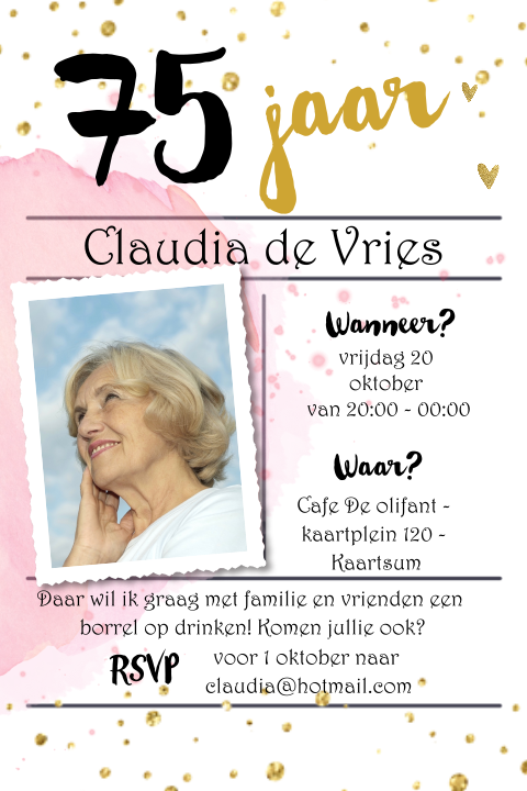 Uitnodiging 75e verjaardag vrouw met roze confetti en typografie