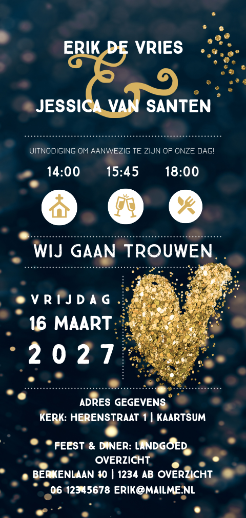 Moderne langwerpige trouwkaart met goudkleurige confetti