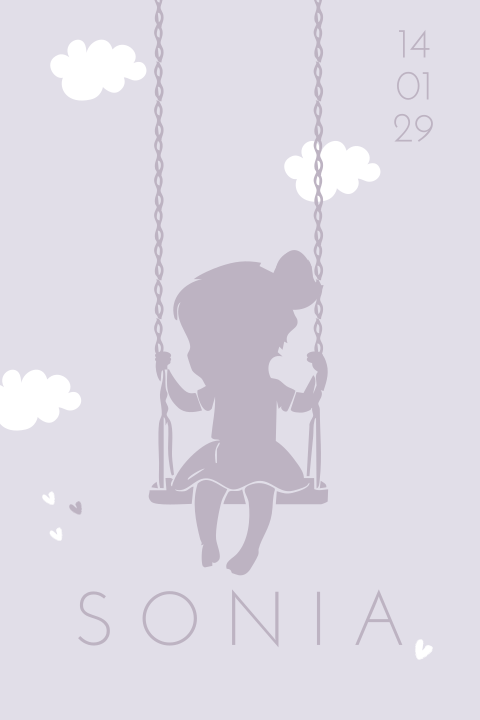 Geboortekaartje voor een meisje met silhouet van meisje op schommel