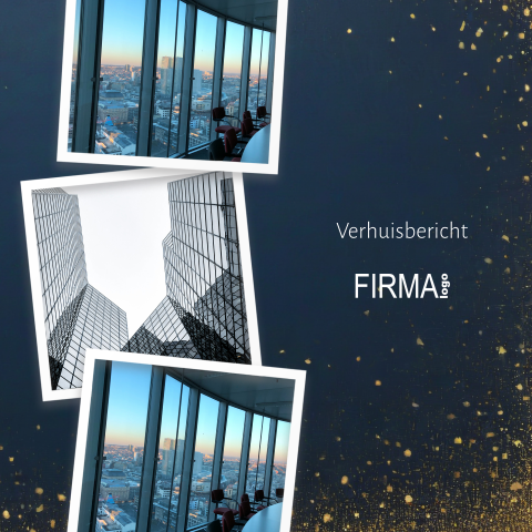 Zakelijke verhuiskaart met logo donkerblauw met 3 fotokaders