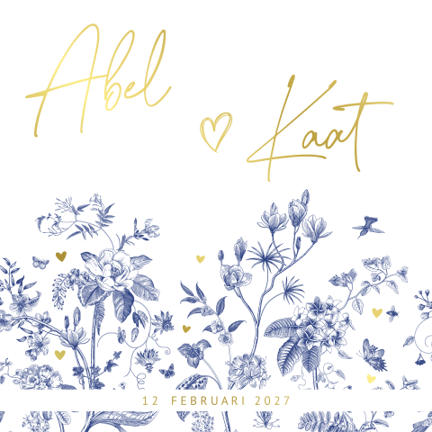 Trouwkaart chinees delfts blauw lentebloemen goudfolie