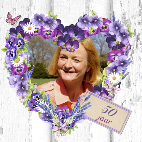 Uitnodiging 50 jaar verjaardag vrouw bloemen en foto
