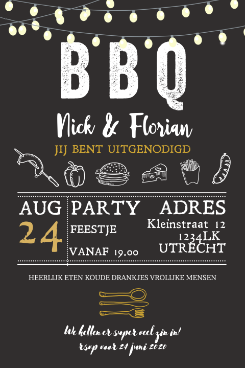 Uitnodiging voor een bbq tekeningen goud