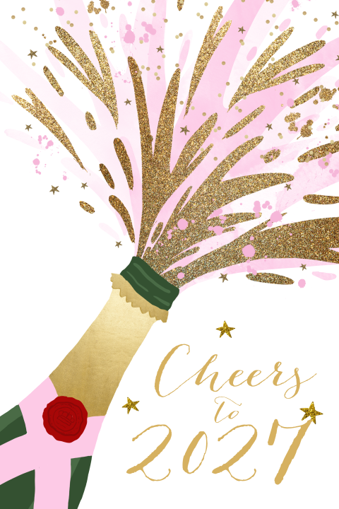 Uitnodiging nieuwjaarsborrel champagnefles hip glitterlook