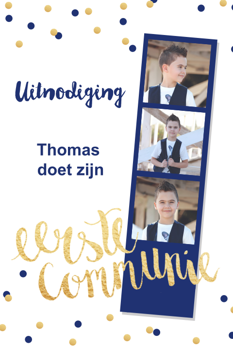 Communiekaart fotostrip confetti jongen