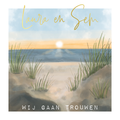 Trouwkaart aquarel strand met goudfolie