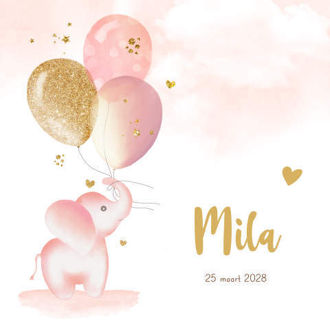 Lief geboortekaartje meisje met olifant en ballonnen