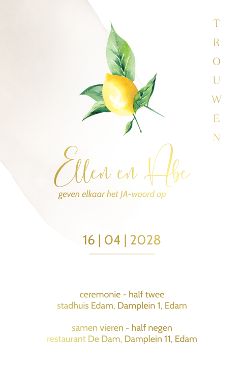 Trouwkaart met foliedruk citroen en waterverf