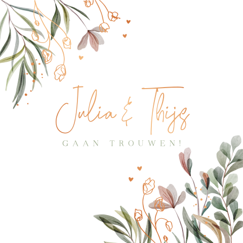 Stijlvolle trouwkaart prachtige bloemen en takjes foliedruk