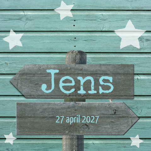 Hip geboortekaartje voor een jongen met houten bord en sterren