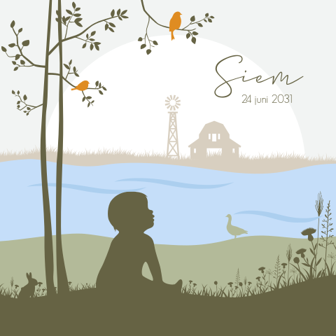 Geboortekaartje met silhouet baby jongen in landschap