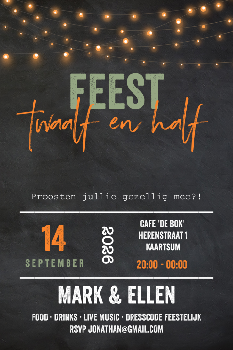 Jubileum uitnodiging krijtbord en lampjes 12,5 jaar