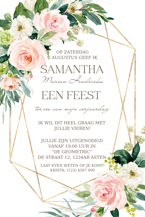 Uitnodiging voor een verjaardag roze bloemen en goud