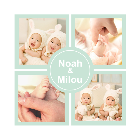 Geboortekaartje fotocollage tweeling mint