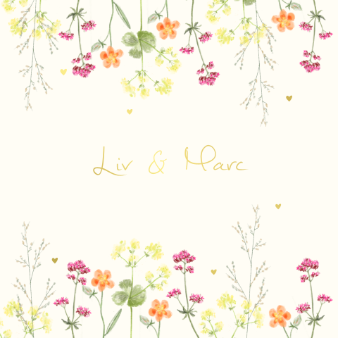 Trouwkaart met bloemen in geel roze en oranje