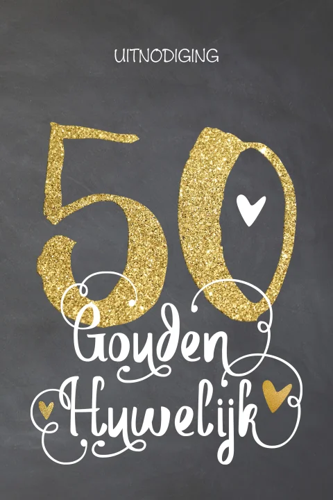 Jubileum uitnodiging 50 jaar getrouwd op krijtbord met goud
