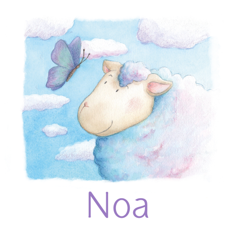 Lief geboortekaartje met een schaap wolken en vlinder