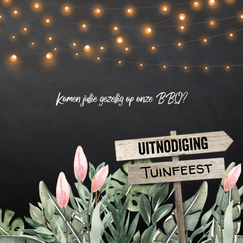 Tuinfeest uitnodiging met bloemen, lampjes en houten wegwijzer