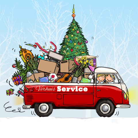 Kerst verhuiskaart maken met vwbus pick up met kerstman