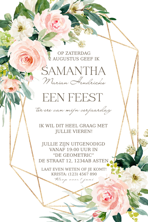 Uitnodiging voor een 60e verjaardag roze bloemen en goud