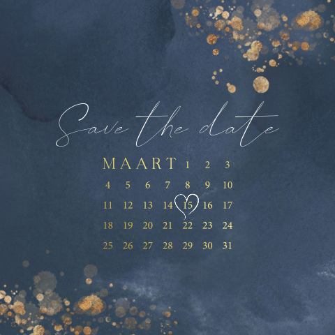 Moderne blauwe save the date met goudfolie
