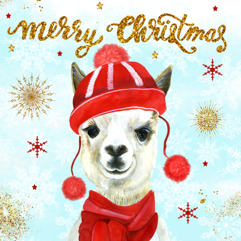 Kerstkaart met kerstlama glitter