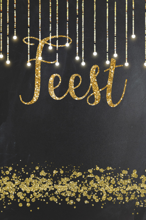 Uitnodiging 90 jaar met gouden glitters op krijtbord