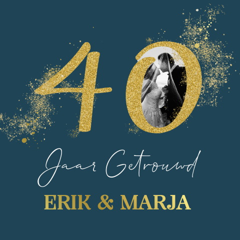 Jubileum 40 jaar getrouwd uitnodiging met foto en gouden glitters