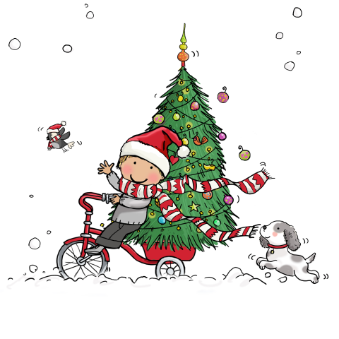 Witte getekende kerstkaart met stoere jongen bakfiets